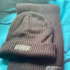 Pink, Victoria’s Secret beanie and scarf set.